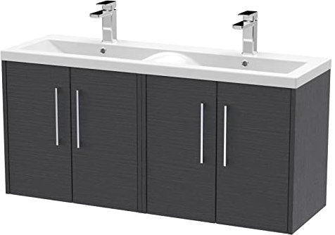 Hudson Reed JNU2223F Juno Modern Bathroom Wall Hung 4-Door Vanity with Ceramic Double Basin, 1200mm, Woodgrain Graphite Grey