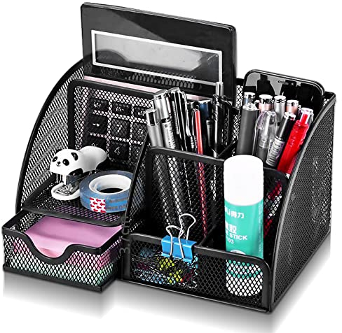 Lenfuos Schreibtisch Organizer, Mesh Metall Büro-Organizer Stifthalter mit 6 Fächern und Schublade für Stifte, Hefter, Ordnerklammern, Haftnotizen, Platzsparendes Desk Organizer