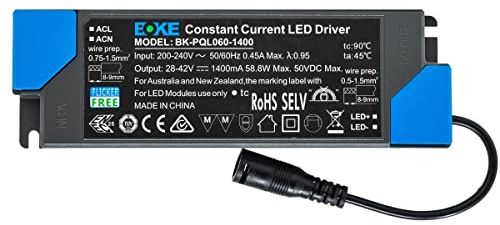 Controlador 60Watt de BOKE LED adecuado para paneles de luz LED, luces abajo, corriente constante 1400mA 28-42Vdc, entrada 230VAC