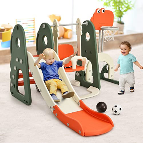 COSTWAY 6 in 1 Parco Giochi per Bambini, con Altalena Scivolo Canestro da Basket Golf, Parco Giochi per Bambini da Esterno ed Interno, 172x182x108-120cm, 18 Mesi+ (Arancione)