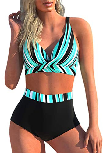Minetom Damen Bademode Push Up Sexy Bikini Set Zweiteilige Badeanzug Strandkleidung Boho Cross Back Strand Oberteil Bikinihose Triangel High Waist Swimsuit K Weiß 3XL