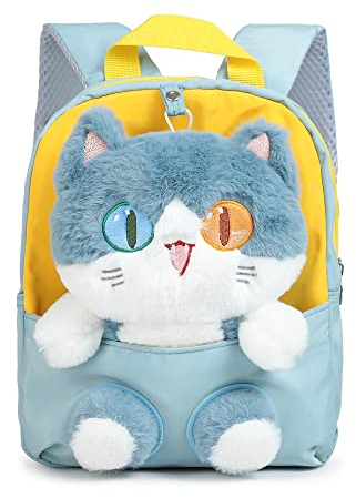 MIDSuN Kleiner Kinderrucksack,Abnehmbarer Plüsch Puppe Kindergartenrucksack,Katze Kindergarten Rucksack Kindertasche für 2-5 Jährige Kindergarten Junge und Mädchen (Hellgrau)