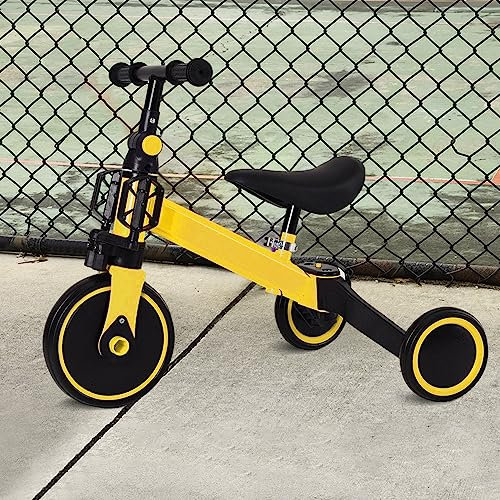 Kleinkind-Dreirad, Kinderfahrrad Laufrad mit Abnehmbare Zusammenklappbar Pedale, Dreirad mit Verstellbaren Sitzen, Lauflernhilfe für Kinder ab 1 Jahre bis 4 Jahren (Ohne Putter-Gelb)