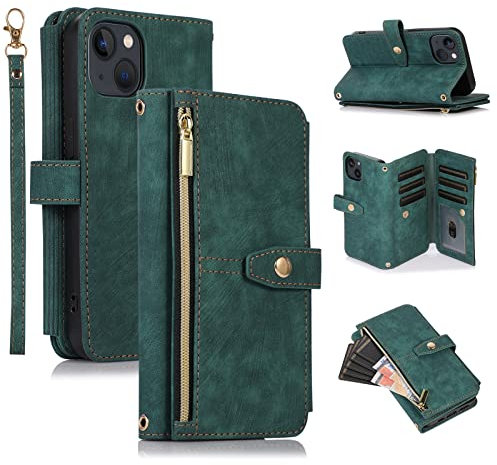 UEEBAI Case for iPhone 15 Plus 6.7 inch, 9 Card Slots Retro Leather Wallet Shockproof Flip Cover with Hand Strap Card Slots Zipper Pocket Kickstand Handbag Magnetic Closure - Retro Green