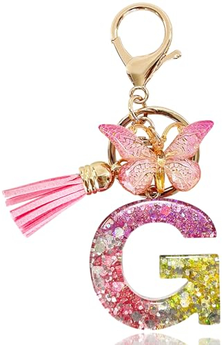 Yanmucy Porte-clés alphabet violet mignon avec pendentif papillon et pampille en résine pour sac à breloques nom porte-clés pour femme et fille, G, taille unique