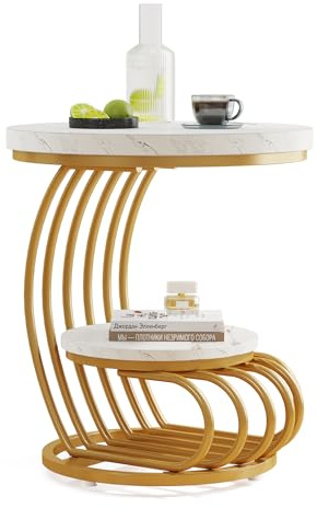 LITTLE TREE Goldfarbener runder Beistelltisch, 2-stöckiger Beistelltisch mit Ablagefach, moderner Nachttisch in Marmoroptik, Akzenttisch mit Metallgestell für Wohnzimmer und Schlafzimmer