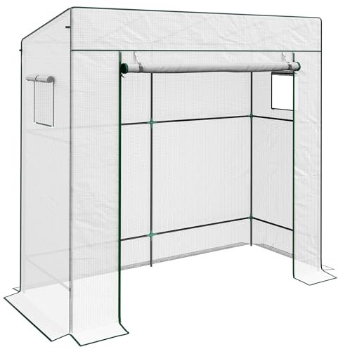 Outsunny Tomato Greenhouse with Reinforced PE Cover, Walk-in Garden Growhouse with Large Roll-up Door and 2 Mesh Windows, Portable Indoor Outdoor Green House, 196L x 77W x 178Hcm, White