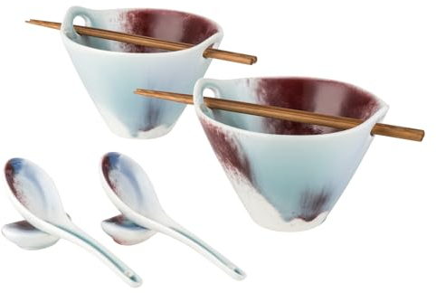 Suppenschüssel Set, Ramen Bowl 2er x 600ml, Japanische Nudelschalen mit Löffel und Stäbchen, Traditionelles Asiatisches Geschirr Set für Udon, Pasta, Pho, Soba, Müsli & Salat - Blau et Rot Schalen