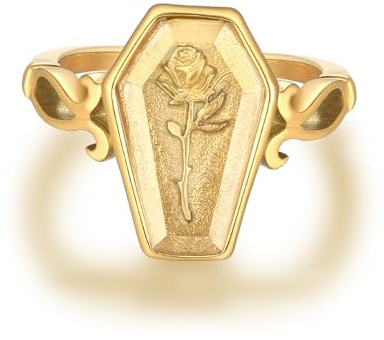 Joliernelle Rosenblumen-Sargring aus Edelstahl, Gold, einzigartiges Zirkonia-Rosen-Liebesgeschenk für Sie
