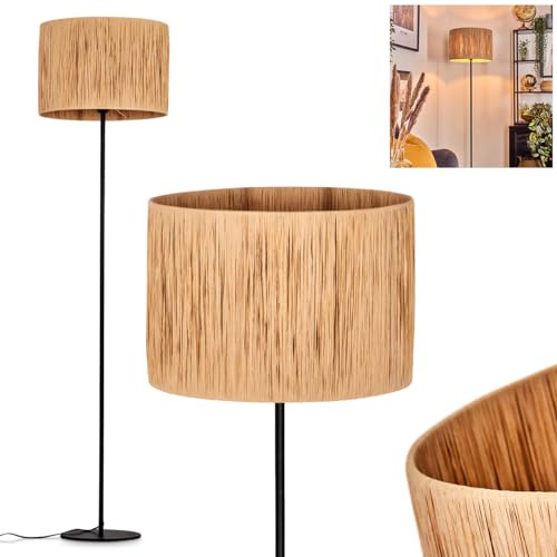 Stehleuchte Granja, Stehlampe aus Metall/Bast in Schwarz/Natur, Leuchte im skandinavischen Design mit rundem Schirm (Ø 40 cm) u. Fußschalter, Höhe 158 cm, 1 x E27, ohne Leuchtmittel