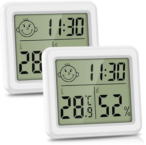 Brifit Digital Hygrometer Thermometer, Tragbares Hygrometer Innen mit Hoher Genauigkeit, Temperatur und Feuchtigkeitsmessgerät mit Uhr, Raumklimaanzeige, Raumthermometer für Büro, Heim (2 Stück)
