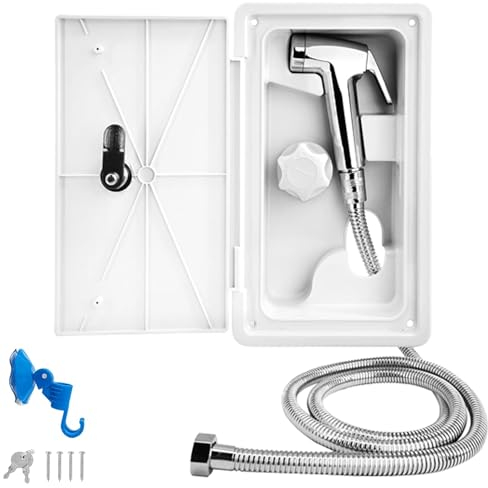 Douches pour Camping-car, Bouton Simple Extensible Douchette Camping Car, TOOSOAR Blanc Douchette Camping avec Tuyau Métallique de 1,5 M, Douche Extérieure de Caravane