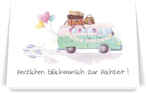 PICTALOO Hochzeitskarte Bulli, Glückwunschkarte Hochzeit, wunderschön illustrierte Karte zur Hochzeit Trauung auch für Geldgeschenke, Grußkarte Ehepaar, edles Hochzeitsgeschenk Brautpaar