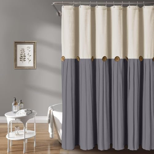 Awellife Rideau de douche à boutons en tissu tissé texturé en lin de style campagnard Crème et gris foncé 182,9 x 213,4 cm (l x L)