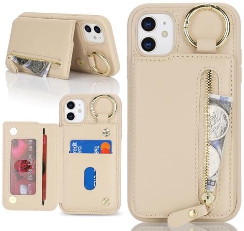 Havaya Coque pour iPhone 11 avec Porte Carte Etui für iPhone 11 avec Mousqueton Porte clé Porte Monnaie Femme Cuir zippé Housse Rabat avec Anneau - Abricot