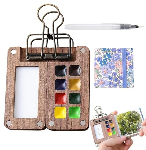 Palette Portable, Palette de Voyage en Bois 8 Compartiments, Pocket Artist Aquarelle, Mini Carnet de Croquis Aquarelle, Kit de Palette de Voyage Avec Clip en Métal, Stylo Aquarelle, Cadeau à Envoyer
