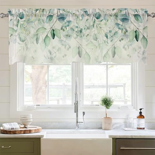 Lirzxin Bistrogardine, Moderne Scheibengardinen Blickdicht Kurz Gardine Blätter Muster Polyester Kurzer Gardine Fensterschal für Wohnzimmer Bad Landhaus, 137x45CM, Grün, 1 Stück