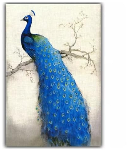 Elegant Poetry Retro-Stil Blauer Pfau der auf dem Baum Steht Leinwandkunst Gemälde Druck Poster Bild Wandkunst Heimdekoration 42 x 60 cm ungerahmt