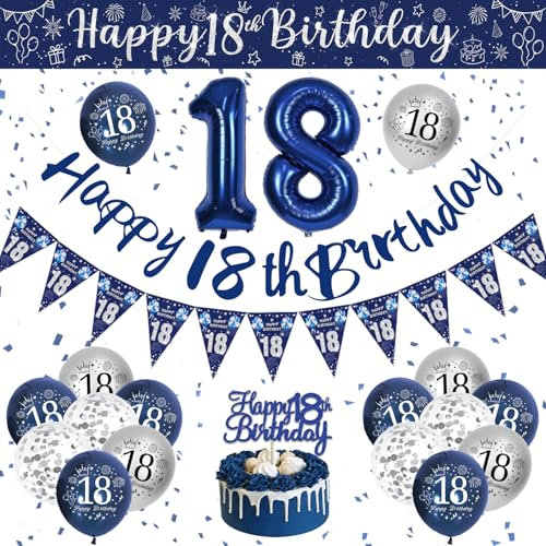 VICTERR 18th Birthday Decorations Boys, Blue and Silver Happy 18th Birthday Banner, Balloons, Confetti, Cake Topper, Ribbon
