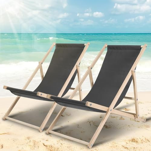 Ollewiellan 2er Set Liegestuhl Klappbar Holz Grau Strandstuhl Holz,Gartenliege Holz bis 120kg,Verstellbar Sonnenliege Holz wetterfest Holzklappstuhl Strandliege für Patio Balkon Strand