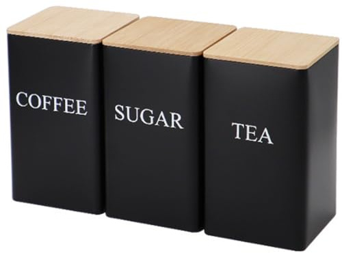 Aeetial Set of 3 Kitchen Canisters with Bamboo Lids, Airtight Metal Canister Set, Food Storage Containers Jars for Coffee, Sugar, Tea, Flour, Rustic Farmhouse Kitchen Decor Containers (Large - Black)