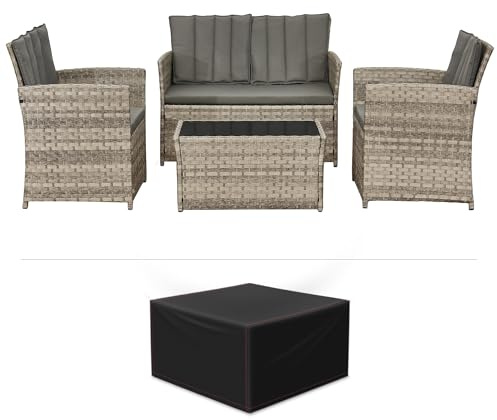 Aweather 4 Pieces Rattan Garden Furniture Set, Patio Conversation Set With Waterproof Anti-UV Furniture Cover and 4 Back Cushions