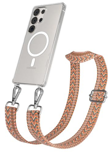 EAZY CASE Handykette - Verstellbares Taschenband kompatibel mit Galaxy S25 Ultra, Schulterriemen, Handykordel mit Silikon Hülle, Qi Charging kompatibel, Umhängetasche, Orange Grün Silber