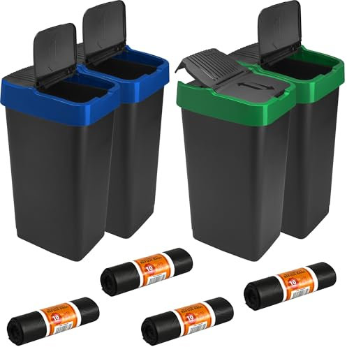 Catergold Kitchen Waste Bins 60 Litres Swing Lid Set of 6 Green & Blue 66 x 40 x 30 cm (Blue & Green 4 Pcs with 4 Bin Bags)
