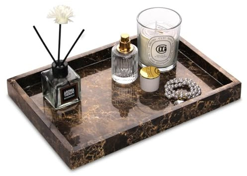 Natural Marble Tray Bathroom Vanity Tray Rectangular Decorative Countertop Dresser Trays for Key Coffee Perfume Jewelry Makeup (Dark Brown, 30 x 20 x 3 cm)