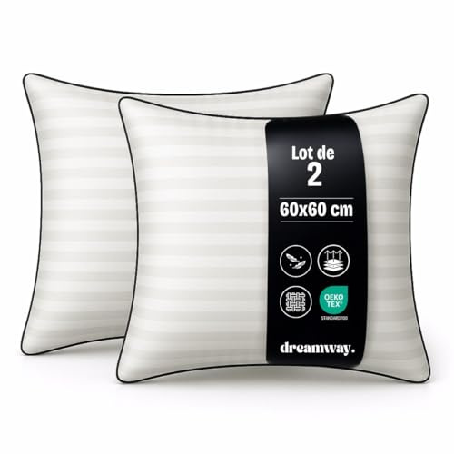 DREAMWAY Oreiller 60x60 cm Lot de 2 Oreillers Carrés - Qualité Hôtel | Confort Moelleux, Qualité Hôtelière, Respirant et Hypoallergénique, Idéal pour Dormeurs sur Le Côté, Le Dos et Le Ventre