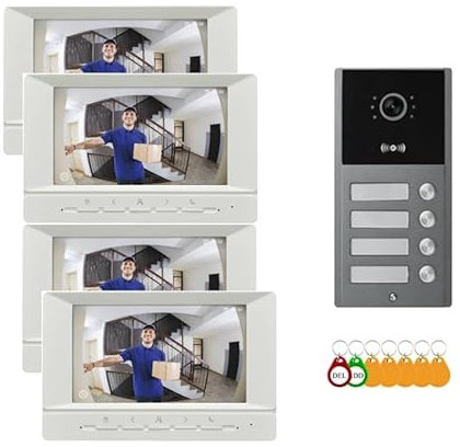 Videoportero para edificio de 4 botones con lector de insignias RFID integrado