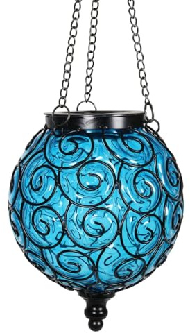 Taylor & Brown Solar Hanging Lantern - Decorative Handblown Plastic Round Hanging Lantern Light with 12 LED Lights for Outdoor, Garden, Patio, Yard, Pathway (Blue)