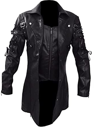 Men's Steampunk Leather Jacket, Black Motorcycle Jacket, Men's Retro, Gothic Biker Leather Coat, Medieval Uniform Coat, Victorian Court Trench Coats, Biker Jacket, Halloween Costume, black, 3XL