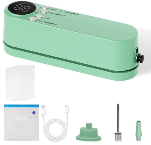 Mini Sellador al Vacío,Selladora de Alimentos Recargable 3 en 1,Portátil Envasadora al Vacío con 3 Niveles de Temperatura y 60kPa,Maquina al Vacio de Alimentos para Conservar Aperitivos (Verde)