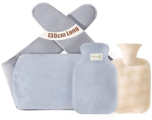 Hot Water Bottle Belt 3 in1, Rubber Hot Water Bag with Soft Plush Hand & Waist Warmer Cover, Reusable Heat Therapy for Neck, Back, Shoulders & Legs, Cosy Support for Home, Work & Travel Light Gray