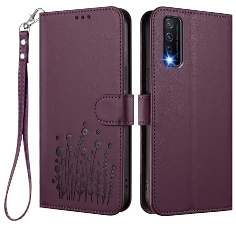 HAOYE Blumiges Leder Hülle für VIVO Y20 / Y20S / Y11S / Y12s, Multi-Taschen Handyhülle mit Magnetverschluss Schutzhülle, Standfunktion & Stoßfestes TPU Bumper - Weinrot