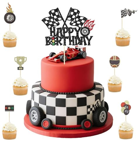 Raheem 7 Stück Rennwagen Kuchen Topper Set 1 Stück Happy Birthday Tortendeko mit Karierter Flagge + 6 Stück Rennwagen Cupcake Topper Auto Tortendeko für Geburtstag, Racing Thema Party Supplies