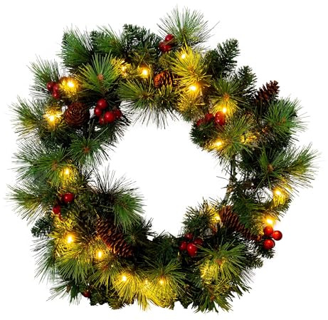 RABURG Deko-Weihnachtskranz Noel, 35 cm, LED-Lichter, rote Beeren-Optik | Ø 35 cm, Timer-Funktion, warmweißes Licht, IP44 geschützt, rote Beeren-Optik, goldene Kugel-Optik