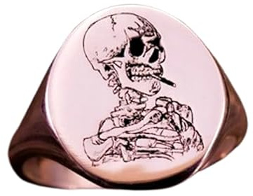 WORLD WIDE GEMS Van Gogh Totenkopf-Siegelring, Kopf eines Skeletts, mit brennender Zigarette, kleiner Andenken, Mori-Ring, Renaissance-Herren-Schmuck, Ringgröße 5–12,5, versilbert, WW_PDR_00370