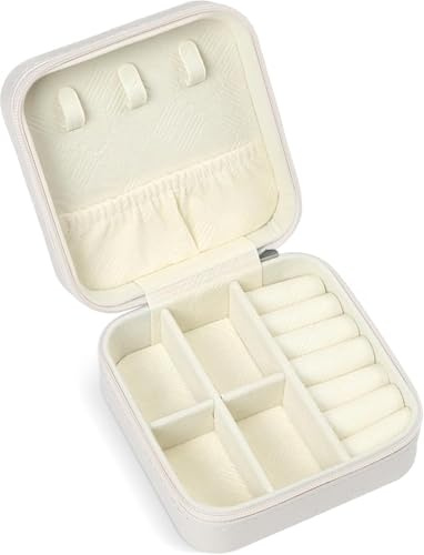 Schmuckkästchen Reise, Schmuck Reiseetui für Damen, Mini Schmuckbox Leder, Reise Schmuck Etui, Schmuckaufbewahrung tragbar für Ohrringe, Halsketten, Ringe, Geschenkidee für Damen, Mädchen (Weiß)
