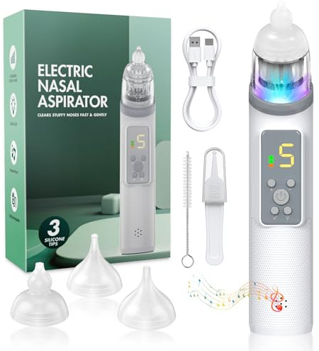 AZHE Aspiratore nasale portatile per neonati, 5 livelli di aspirazione, aspiratore nasale elettrico per neonati per nasi congestionati, 3 dimensioni di punte in silicone e funzione musicale, adatto