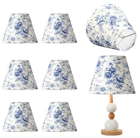 8er Set Clip Lampenschirme, Blau-Weiß Stoff 15x13x7.5 cm Floral Design Modern Simple Stil Lampenschirm für E14 Kerzenlampen Kronleuchter Tischlampen Stehlampe Wandleuchte, Wohnräume Gästezimmer