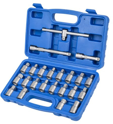 MIGUBIGU 23 Pièces Jeu de Clés de Vidange 3/8, Clé Vidange | avec Poignée Coulissante, Outil Démontage Bouchon Vidange, pour Motos, Quads, Tondeuses, Compatible avec VW, BMW, etc