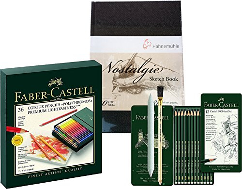 Faber-Castell 110038 - Farbstift POLYCHROMOS, 36er Atelierbox + Bleistift CASTELL 9000, 12er Art Set, Inhalt 8B - 2H + Sketch Book A5 hoch Portrait 190g | 80 Seiten extra hohe Qualität