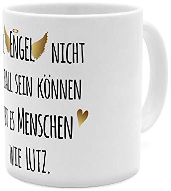 printplanet Tasse mit Namen Lutz - Motiv Engel überall - Namenstasse, Kaffeebecher, Mug, Becher, Kaffeetasse - Farbe Weiß