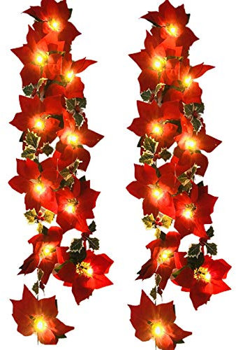 Riaxuebiy Künstliche Weihnachtsstern Lichtschnur 20LED Rote Beeren Ahornblatt Rebe Fee Girlande Licht Blumenpflanze Weinkranz Lampe Batterie Angetrieben(Rot Poinsettia-LED, 2 Sätze)