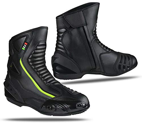 BI ESSE -Stivali Moto In Pelle,Scarpa Per Motocicletta Impermeabile,Traspiranti,Stivaletti Invernali Strada,Protezione Caviglia (Nero/Fluo, Sistema Taglie Calzature EU, Adulto, Numero, Media, 40)