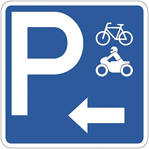 CARTELLO SEGNALETICO - Parcheggio biciclette e moto - freccia a sinistra o destra - Con Adesivo in Vinile e Pannello in Forex (Pannello 5mm Stampato)