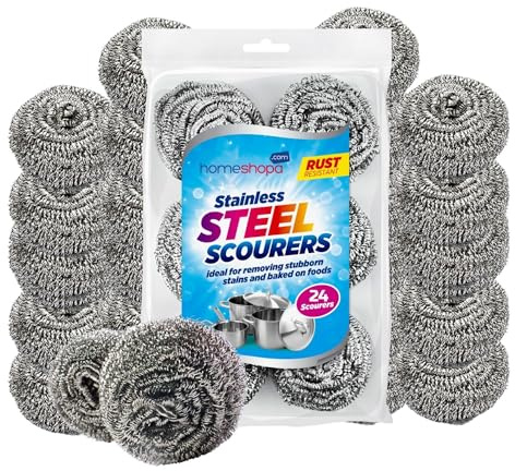 HOEMSHOPA Stainless Steel Scourers, 24 Pack Steel Wool Scrubber, Spiral Metal Wire Scouring Pads, Heavy Duty Kitchen Stovetops Plates Dishes Bathroom Sink Basin Cleaning Supplies