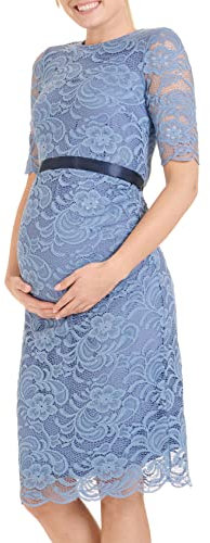 Herzmutter Robe de Grossesse mi-Longueu Dentelle Soirée Mariage pour Femme Enceinte élégant Maternité Festive - 6200 (L, Gris-Bleu)